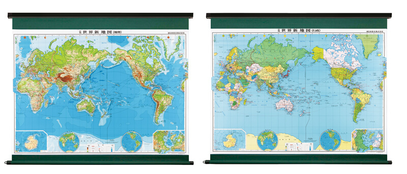 中判　世界新地図　表面ポリプロピレン加工スプリングローラー巻上式 地勢図・行政図